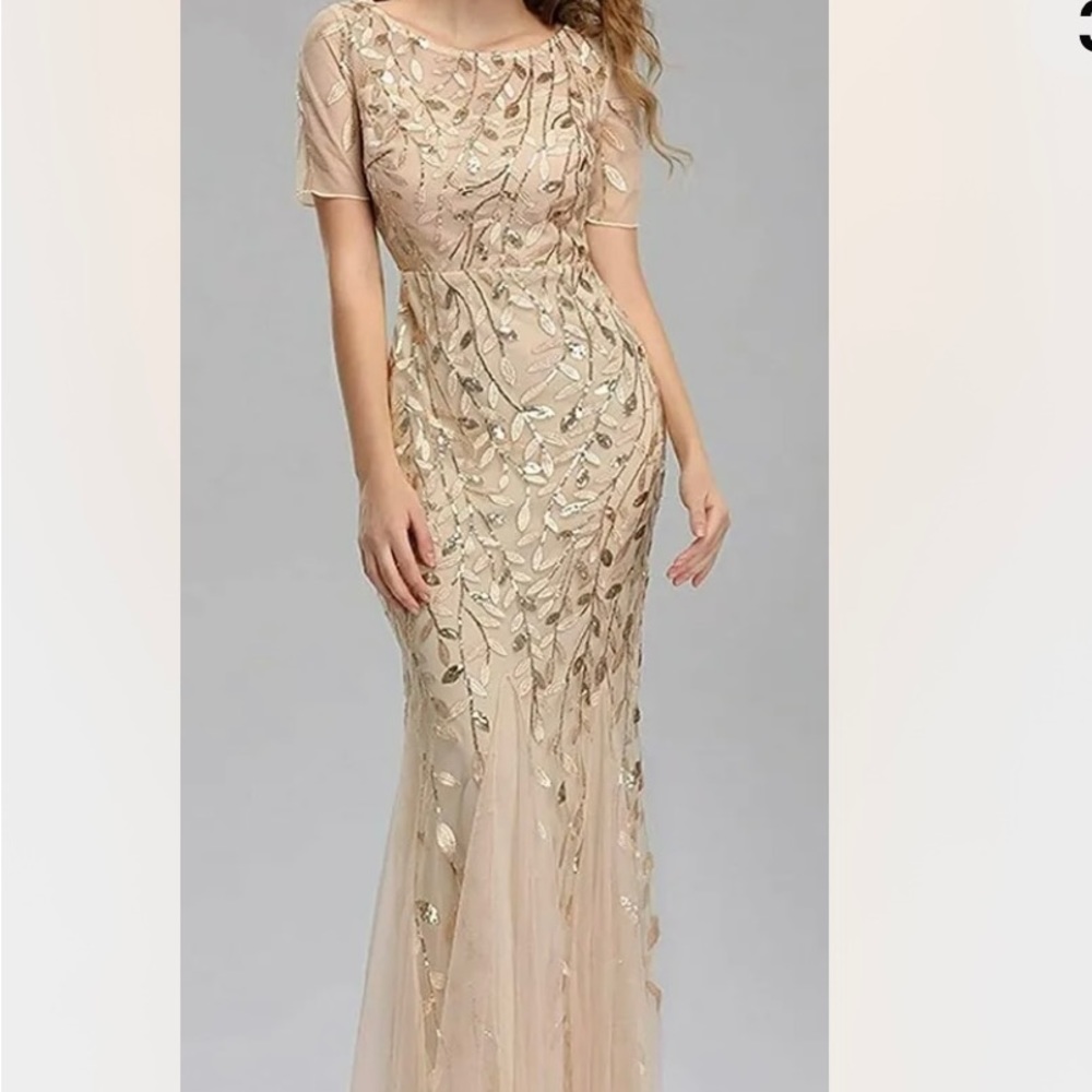 Floral Sequin Maxi Fishtail Tulle Prom Dress with Half Sleeve size Medium